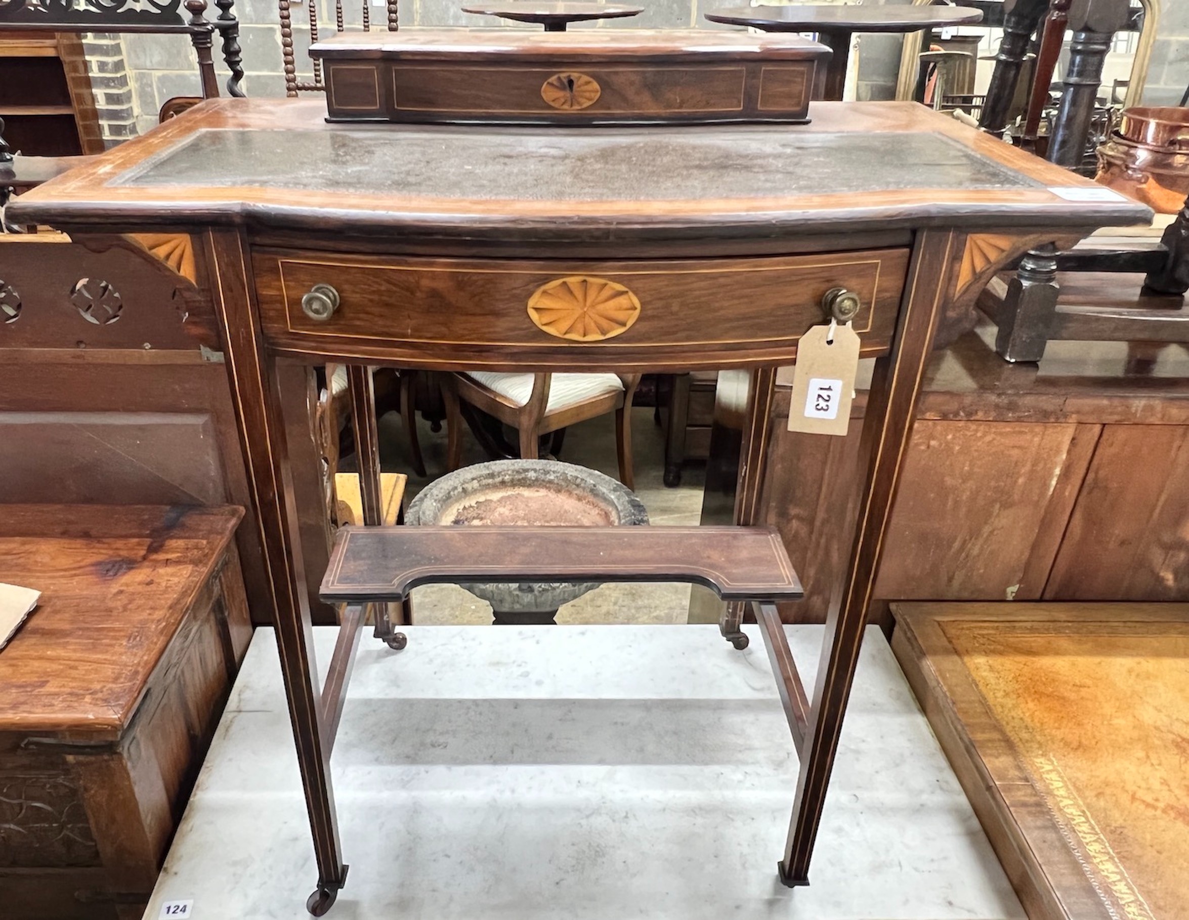 An Edwardian inlaid rosewood writing table, width 76cm, depth 46cm, height 71cm